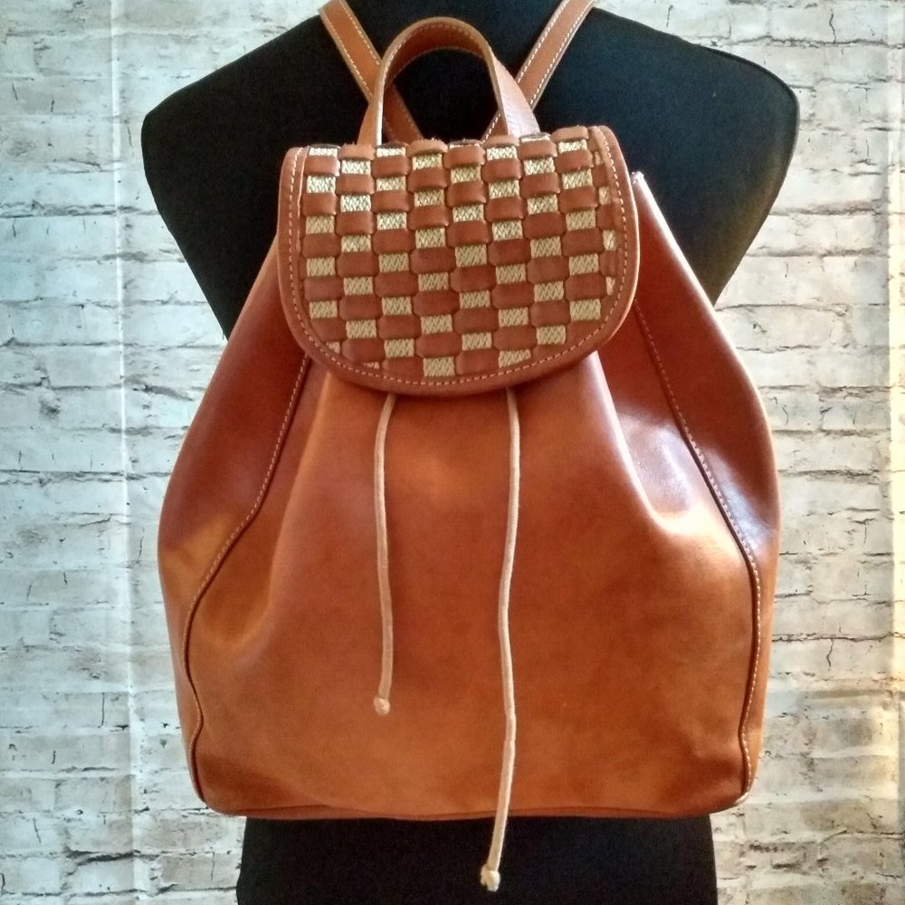 Lady Monica Tan Italian Leather Backpack/Purse w/Checker Design Flap